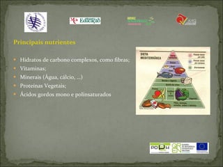 Principais nutrientes  Hidratos de carbono complexos, como fibras;  Vitaminas; Minerais (Água, cálcio, …) Proteínas Vegetais; Ácidos gordos mono e polinsaturados 
