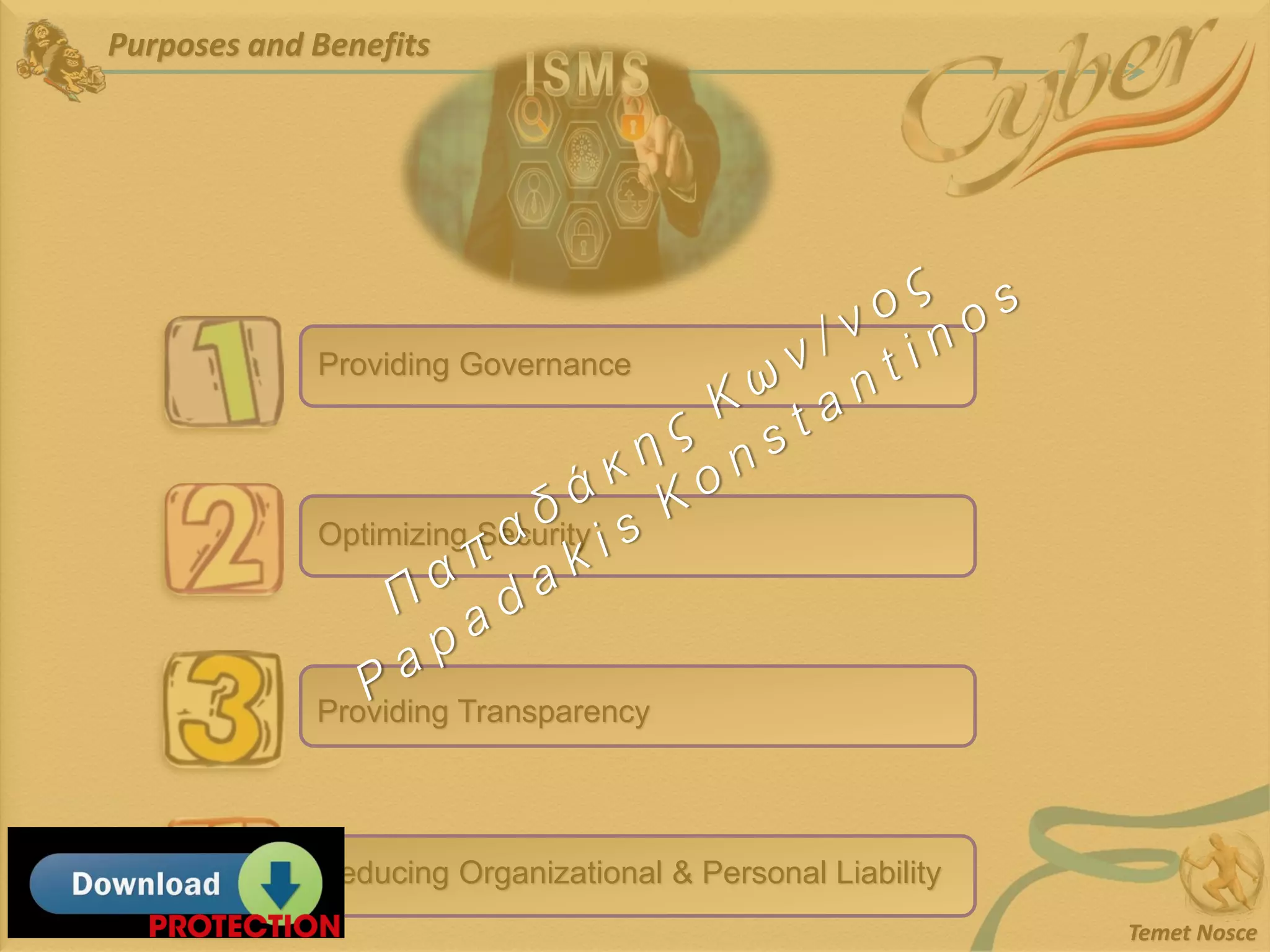 Purposes and Benefits
Temet Nosce
Providing Governance
Optimizing Security
Providing Transparency
Reducing Organizational & Personal Liability
 