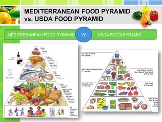 MEDITERRANEAN NUTRITION and DIETThe Mediterranean diet is often cited as beneficial for being low in saturated fat and high in monounsaturated fat and dietary fiber. One of the main explanations is thought to be the health effects of olive oil included in the Mediterranean diet.The Mediterranean diet is high in salt content. Foods such as olives, salt-cured cheeses, anchovies, capers, salted fish roe, and salads dressed with olive oil all contain high levels of salt. A study published in the Archives of General Psychiatry shows that people who followed the Mediterranean diet were less likely to develop depression.In addition, the consumption of red wine is considered a possible factor, as it contains flavonoids with powerful antioxidant properties. MireilleGuiliano credits the health effects of the Mediterranean diet to factors such as small portions, daily exercise, and the emphasis on freshness, balance, and pleasure in food.