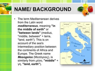 HISTORY(Mediterranean Region)Two of the most notable Mediterranean civilizations in classical antiquity were the Greek city states and the Phoenicians. When Augustus founded the Roman Empire, the Mediterranean Sea began to be called Mare Nostrum (literally:"Our Sea") by the Romans.Darius I of Persia, who conquered Ancient Egypt built a canal linking Mediterranean to the Red Sea. Darius's canal was wide enough that two triremes could pass each other with oars extended and required four days to traverse.