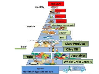 RED MEAT
Whole Grain Cereals
Fruits Vegetables
Olive Oil
Diary Products
 