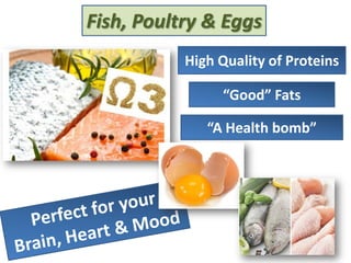 High Quality of Proteins
“A Health bomb”
“Good” Fats
Fish, Poultry & Eggs
 