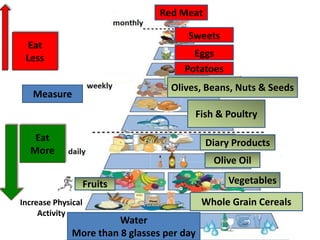Red Meat
Whole Grain Cereals
Fruits Vegetables
Olive Oil
Diary Products
Fish & Poultry
Olives, Beans, Nuts & Seeds
Eggs
Potatoes
Sweets
Water
More than 8 glasses per day
Increase Physical
Activity
Eat
Less
Eat
More
Measure
 