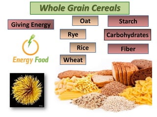 Carbohydrates
Starch
Whole Grain Cereals
Oat
Rye
Rice
Wheat
Fiber
Giving Energy
 