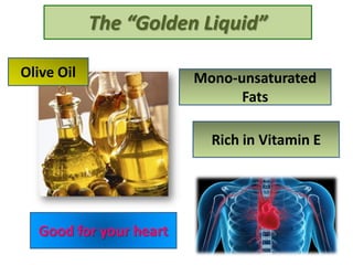 Olive Oil Mono-unsaturated
Fats
Rich in Vitamin E
Good for your heart
The “Golden Liquid”
 