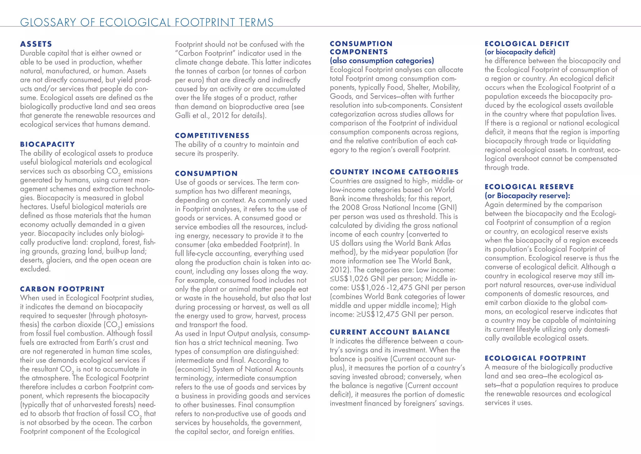 GLOSSARY OF ECOLOGICAL FOOTPRINT TERMS
ASSETS                                          Footprint should not be confused with the        C ONSUMPTION                                    EC OLOGIC AL DEFICIT
Durable capital that is either owned or         “Carbon Footprint” indicator used in the         COMPONENTS                                      (or biocapacity deﬁcit)
able to be used in production, whether          climate change debate. This latter indicates     (also consumption categories)                   he difference between the biocapacity and
natural, manufactured, or human. Assets         the tonnes of carbon (or tonnes of carbon        Ecological Footprint analyses can allocate      the Ecological Footprint of consumption of
are not directly consumed, but yield prod-      per euro) that are directly and indirectly       total Footprint among consumption com-          a region or country. An ecological deﬁcit
ucts and/or services that people do con-        caused by an activity or are accumulated         ponents, typically Food, Shelter, Mobility,     occurs when the Ecological Footprint of a
sume. Ecological assets are deﬁned as the       over the life stages of a product, rather        Goods, and Services—often with further          population exceeds the biocapacity pro-
biologically productive land and sea areas      than demand on bioproductive area (see           resolution into sub-components. Consistent      duced by the ecological assets available
that generate the renewable resources and       Galli et al., 2012 for details).                 categorization across studies allows for        in the country where that population lives.
ecological services that humans demand.                                                          comparison of the Footprint of individual       If there is a regional or national ecological
                                                C OMPETITIVENESS                                 consumption components across regions,          deﬁcit, it means that the region is importing
BIOC APACIT Y                                   The ability of a country to maintain and         and the relative contribution of each cat-      biocapacity through trade or liquidating
The ability of ecological assets to produce     secure its prosperity.                           egory to the region’s overall Footprint.        regional ecological assets. In contrast, eco-
useful biological materials and ecological                                                                                                       logical overshoot cannot be compensated
services such as absorbing CO2 emissions                                                                                                         through trade.
                                                C ONSUMPTION                                     C OUNTRY IN C OME C ATEGORIES
generated by humans, using current man-         Use of goods or services. The term con-          Countries are assigned to high-, middle- or
agement schemes and extraction technolo-                                                         low-income categories based on World            EC OLOGIC AL RESERVE
                                                sumption has two different meanings,
gies. Biocapacity is measured in global                                                          Bank income thresholds; for this report,        (or Biocapacity reserve):
                                                depending on context. As commonly used
hectares. Useful biological materials are                                                        the 2008 Gross National Income (GNI)            Again determined by the comparison
                                                in Footprint analyses, it refers to the use of
deﬁned as those materials that the human                                                         per person was used as threshold. This is       between the biocapacity and the Ecologi-
                                                goods or services. A consumed good or
economy actually demanded in a given                                                             calculated by dividing the gross national       cal Footprint of consumption of a region
                                                service embodies all the resources, includ-
year. Biocapacity includes only biologi-                                                         income of each country (converted to            or country, an ecological reserve exists
                                                ing energy, necessary to provide it to the
cally productive land: cropland, forest, ﬁsh-                                                    US dollars using the World Bank Atlas           when the biocapacity of a region exceeds
                                                consumer (aka embedded Footprint). In
ing grounds, grazing land, built-up land;                                                        method), by the mid-year population (for        its population’s Ecological Footprint of
                                                full life-cycle accounting, everything used
deserts, glaciers, and the open ocean are                                                        more information see The World Bank,            consumption. Ecological reserve is thus the
                                                along the production chain is taken into ac-
excluded.                                                                                        2012). The categories are: Low income:          converse of ecological deﬁcit. Although a
                                                count, including any losses along the way.
                                                                                                 ≤US$1,026 GNI per person; Middle in-            country in ecological reserve may still im-
                                                For example, consumed food includes not
                                                                                                 come: US$1,026 -12,475 GNI per person           port natural resources, over-use individual
C ARBON FOOTPRINT                               only the plant or animal matter people eat
                                                                                                 (combines World Bank categories of lower        components of domestic resources, and
When used in Ecological Footprint studies,      or waste in the household, but also that lost
                                                                                                 middle and upper middle income); High           emit carbon dioxide to the global com-
it indicates the demand on biocapacity          during processing or harvest, as well as all
                                                                                                 income: ≥US$12,475 GNI per person.              mons, an ecological reserve indicates that
required to sequester (through photosyn-        the energy used to grow, harvest, process
                                                                                                                                                 a country may be capable of maintaining
thesis) the carbon dioxide (CO2) emissions      and transport the food.
                                                                                                 CURRENT ACC OUNT BAL AN CE                      its current lifestyle utilizing only domesti-
from fossil fuel combustion. Although fossil    As used in Input Output analysis, consump-
                                                                                                 It indicates the difference between a coun-     cally available ecological assets.
fuels are extracted from Earth’s crust and      tion has a strict technical meaning. Two
are not regenerated in human time scales,       types of consumption are distinguished:          try’s savings and its investment. When the
their use demands ecological services if        intermediate and ﬁnal. According to              balance is positive (Current account sur-       EC OLOGIC AL FOOTPRINT
the resultant CO2 is not to accumulate in       (economic) System of National Accounts           plus), it measures the portion of a country’s   A measure of the biologically productive
the atmosphere. The Ecological Footprint        terminology, intermediate consumption            saving invested abroad; conversely, when        land and sea area—the ecological as-
therefore includes a carbon Footprint com-      refers to the use of goods and services by       the balance is negative (Current account        sets—that a population requires to produce
ponent, which represents the biocapacity        a business in providing goods and services       deﬁcit), it measures the portion of domestic    the renewable resources and ecological
(typically that of unharvested forests) need-   to other businesses. Final consumption           investment ﬁnanced by foreigners’ savings.      services it uses.
ed to absorb that fraction of fossil CO2 that   refers to non-productive use of goods and
is not absorbed by the ocean. The carbon        services by households, the government,
Footprint component of the Ecological           the capital sector, and foreign entities.
 