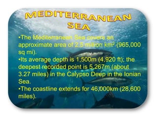 •The Mediterranean Sea covers an
approximate area of 2.5 million km2 (965,000
sq mi).
•Its average depth is 1,500m (4,920 ft); the
deepest recorded point is 5,267m (about
3.27 miles) in the Calypso Deep in the Ionian
Sea.
•The coastline extends for 46,000km (28,600
miles).
 
