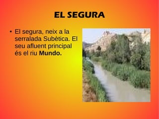 EL SEGURA
● El segura, neix a la
serralada Subètica. El
seu afluent principal
és el riu Mundo.
 