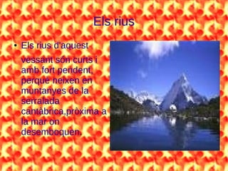 Els rius
● Els rius d'aquest
vessant són curts i
amb fort pendent,
perquè neixen en
muntanyes de la
serralada
cantàbrica,pròxima a
la mar on
desemboquen.
 