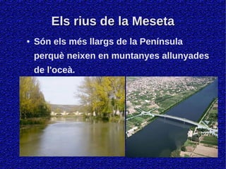 Els rius de la MesetaEls rius de la Meseta
● Són els més llargs de la Península
perquè neixen en muntanyes allunyades
de l'oceà.
 