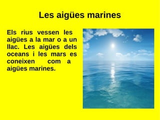Les aigües marines
Els rius vessen les
aigües a la mar o a un
llac. Les aigües dels
oceans i les mars es
coneixen com a
aigües marines.
 