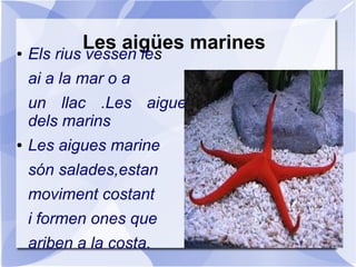 Les aigües marines● Els rius vessen les
ai a la mar o a
un llac .Les aigues
dels marins
● Les aigues marine
són salades,estan
moviment costant
i formen ones que
ariben a la costa.
 