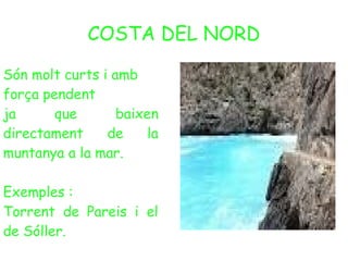 COSTA DEL NORD
Són molt curts i amb
força pendent
ja que baixen
directament de la
muntanya a la mar.
Exemples :
Torrent de Pareis i el
de Sóller.
 