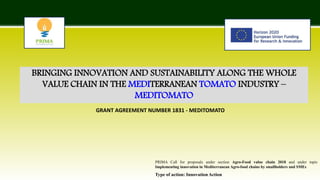 BRINGING INNOVATION AND SUSTAINABILITY ALONG THE WHOLE
VALUE CHAIN IN THE MEDITERRANEAN TOMATO INDUSTRY –
MEDITOMATO
Type of action: Innovation Action
PRIMA Call for proposals under section Agro-Food value chain 2018 and under topic
Implementing innovation in Mediterranean Agro-food chains by smallholders and SMEs
GRANT AGREEMENT NUMBER 1831 - MEDITOMATO
 