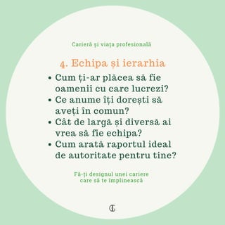 Cum ți-ar plăcea să fie
oamenii cu care lucrezi?
Ce anume îți dorești să
aveți în comun?
Cât de largă și diversă ai
vrea să fie echipa?
Cum arată raportul ideal
de autoritate pentru tine?
4. Echipa și ierarhia
Carieră și viața profesională
Fă-ți designul unei cariere
care să te împlinească
 