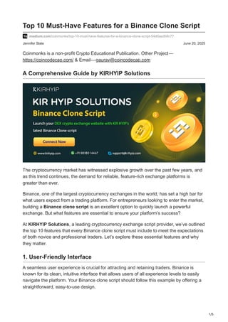 Top 10 Must-Have Features for a Binance Clone Script in 2025 | PDF