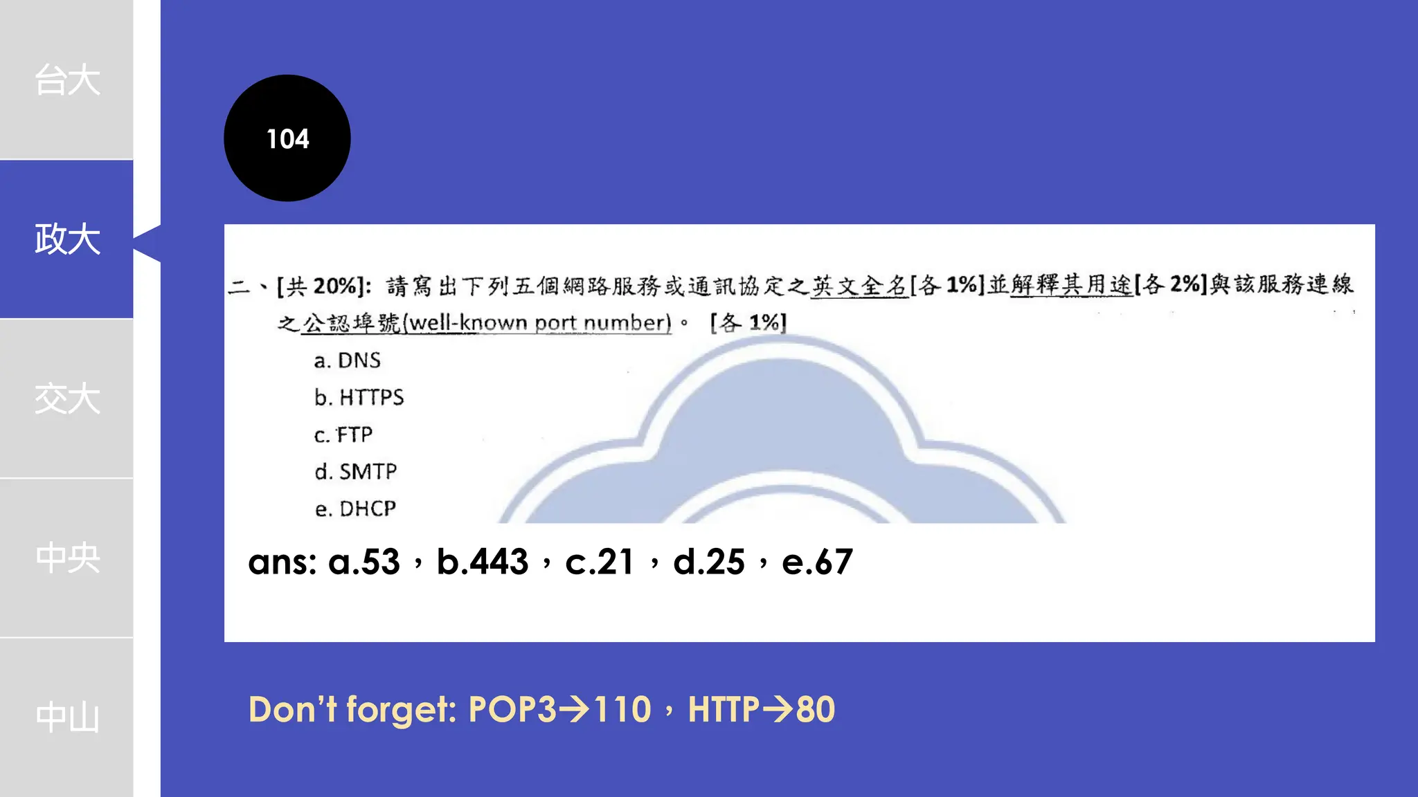 台大
政大
交大
中央
中山
104
ans: a.53，b.443，c.21，d.25，e.67
Don’t forget: POP3→110，HTTP→80
 