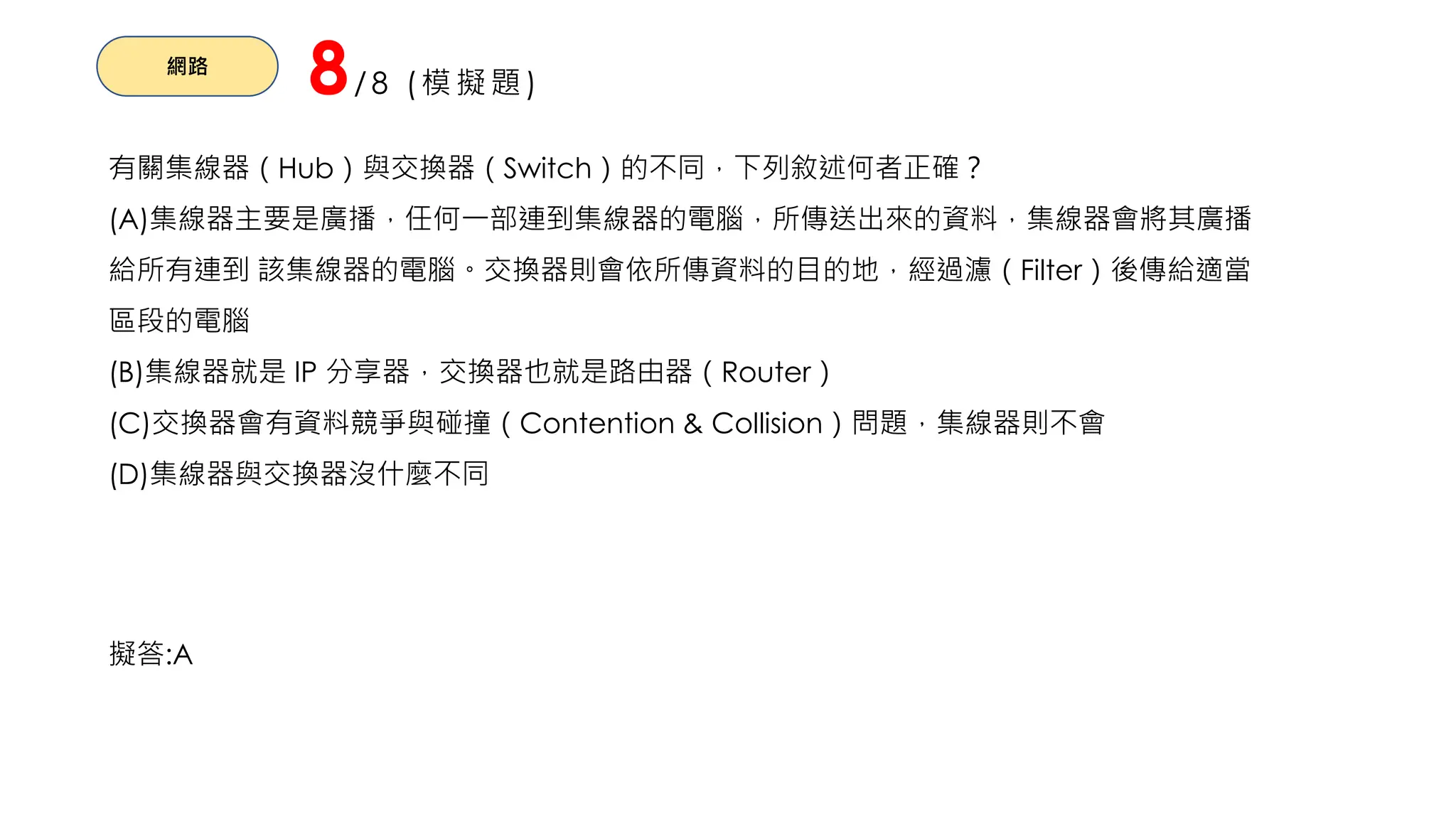 網路
8/8 (模擬題)
有關集線器（Hub）與交換器（Switch）的不同，下列敘述何者正確？
(A)集線器主要是廣播，任何一部連到集線器的電腦，所傳送出來的資料，集線器會將其廣播
給所有連到 該集線器的電腦。交換器則會依所傳資料的目的地，經過濾（Filter）後傳給適當
區段的電腦
(B)集線器就是 IP 分享器，交換器也就是路由器（Router）
(C)交換器會有資料競爭與碰撞（Contention & Collision）問題，集線器則不會
(D)集線器與交換器沒什麼不同
擬答:A
 