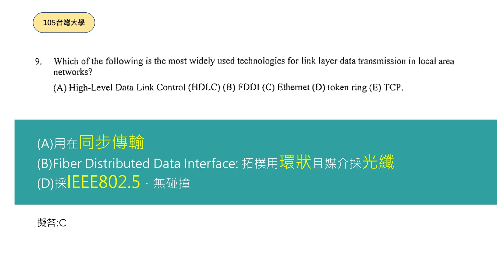 擬答:C
105台灣大學
(A)用在同步傳輸
(B)Fiber Distributed Data Interface: 拓樸用環狀且媒介採光纖
(D)採IEEE802.5，無碰撞
 