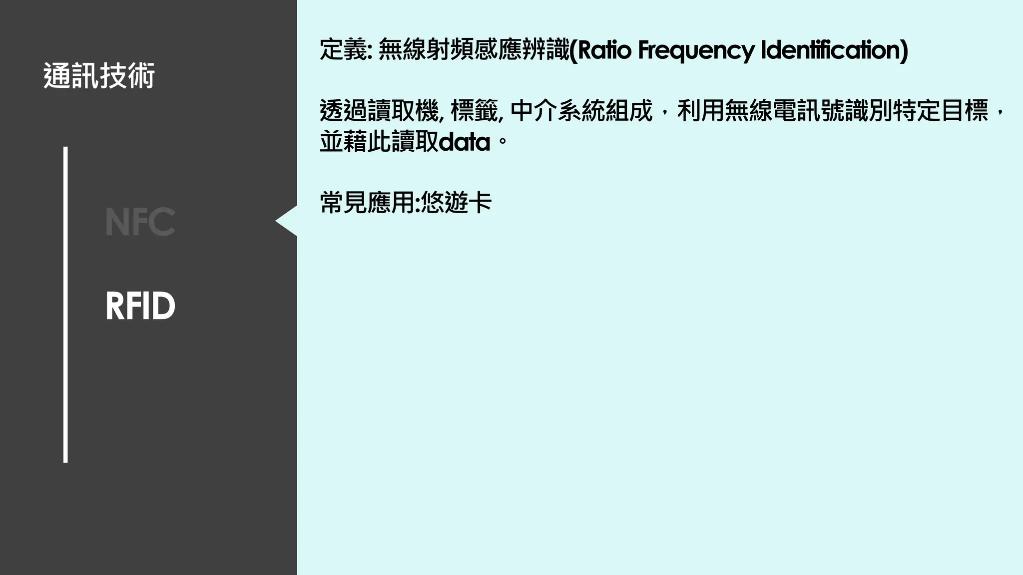 NFC
RFID
通訊技術
定義: 無線射頻感應辨識(Ratio Frequency Identification)
透過讀取機, 標籤, 中介系統組成，利用無線電訊號識別特定目標，
並藉此讀取data。
常見應用:悠遊卡
 