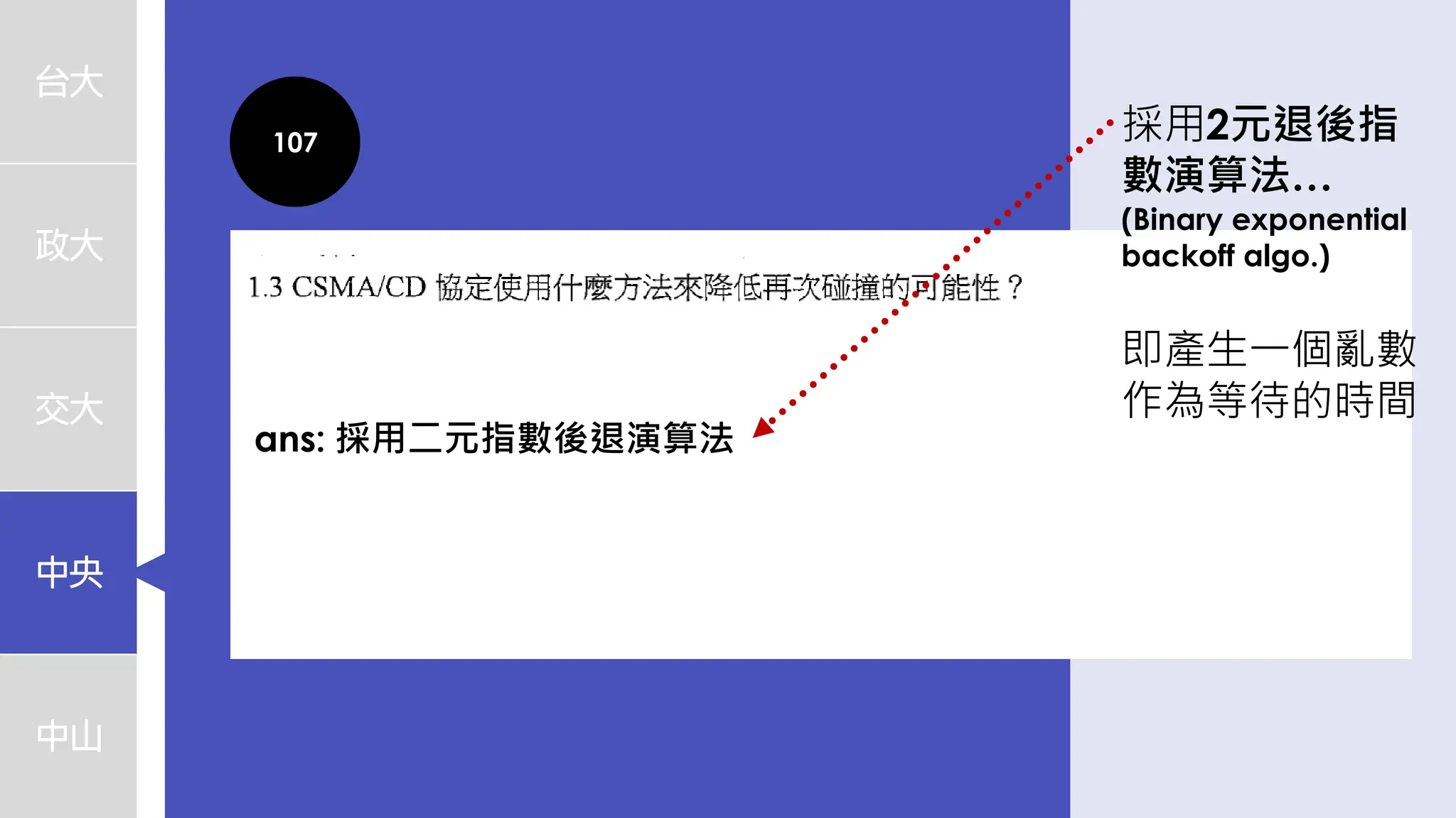 台大
政大
交大
中央
中山
107
ans: 採用二元指數後退演算法
採用2元退後指
數演算法…
(Binary exponential
backoff algo.)
即產生一個亂數
作為等待的時間
 