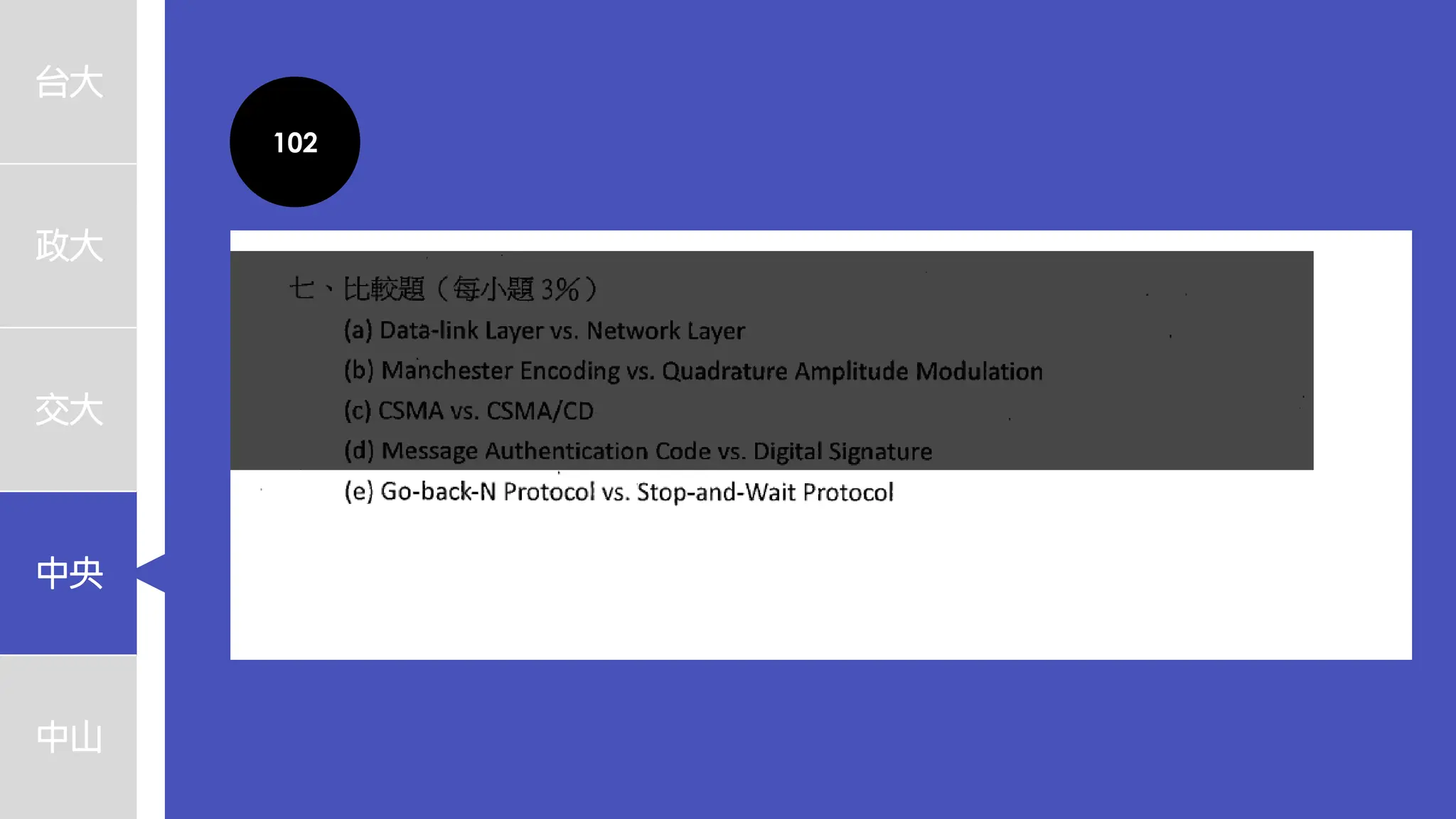 台大
政大
交大
中央
中山
102
 