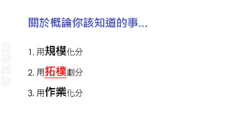關於概論你該知道的事…
網路概論
1. 用規模化分
2. 用拓樸劃分
3. 用作業化分
 