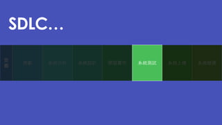 規劃 系統上線 系統維運
定
義
SDLC…
系統分析 系統設計 開發實作 系統測試
 