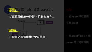2 主從式 (client & server):
有server和client端…
A
B
Request
Respond
client
server
rule:
一台server可以服務
多個client
一個client可以向多個
server提出資源申請
優點…
1. 資源具備統一控管，且較為安全...
缺點…
1. 資源交換速度比P2P來得慢…
 