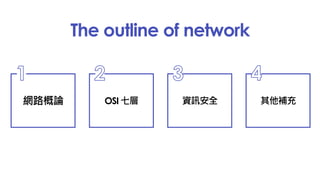 The outline of network
網路概論
1
OSI 七層
2
資訊安全
3
其他補充
4
 