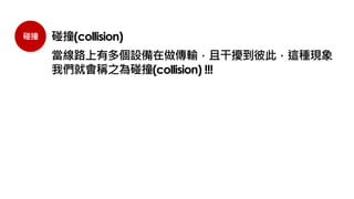 碰撞 碰撞(collision)
當線路上有多個設備在做傳輸，且干擾到彼此，這種現象
我們就會稱之為碰撞(collision) !!!
 
