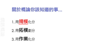 關於概論你該知道的事…
網路概論
1. 用規模化分
2. 用拓樸劃分
3. 用作業化分
 