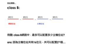 class B:
. . .
網路位址 主機位址
例題: class B網路中，最多可以配置多少主機位址?
8位元 8位元 8位元 8位元
ans: 因為主機位址共有16位元，共可以配置216個…
依此類推…
 