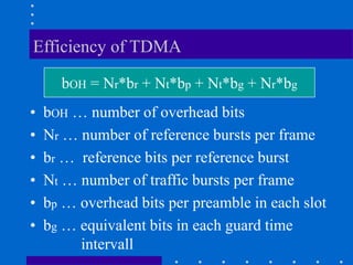 Efficiency of TDMA
• bOH … number of overhead bits
• Nr … number of reference bursts per frame
• br … reference bits per reference burst
• Nt … number of traffic bursts per frame
• bp … overhead bits per preamble in each slot
• bg … equivalent bits in each guard time
intervall
bOH = Nr*br + Nt*bp + Nt*bg + Nr*bg
 