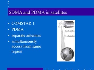 SDMA and PDMA in satellites
• COMSTAR 1
• PDMA
• separate antennas
• simultaneously
access from same
region
 