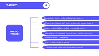 FEATURES 4
PRODUCT
FEATURES
Compact size perfect for limited space enclosures
MS/Aluminum housing with seven tank process powder coating
Suitable for DIN-Rail and surface mount applications
Replaceable Din Rail panel for SC/ST/LC/FC type of fiber optic
Allow maximum 8 cables entry
Splice holder for pigtail splicing
Patch or fusion splice field termination standard
 