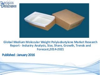 Published : January 2016
Global Medium Molecular Weight Polyisobutylene Market Research
Report - Industry Analysis, Size, Share, Growth, Trends and
Forecast,2014-2021
 