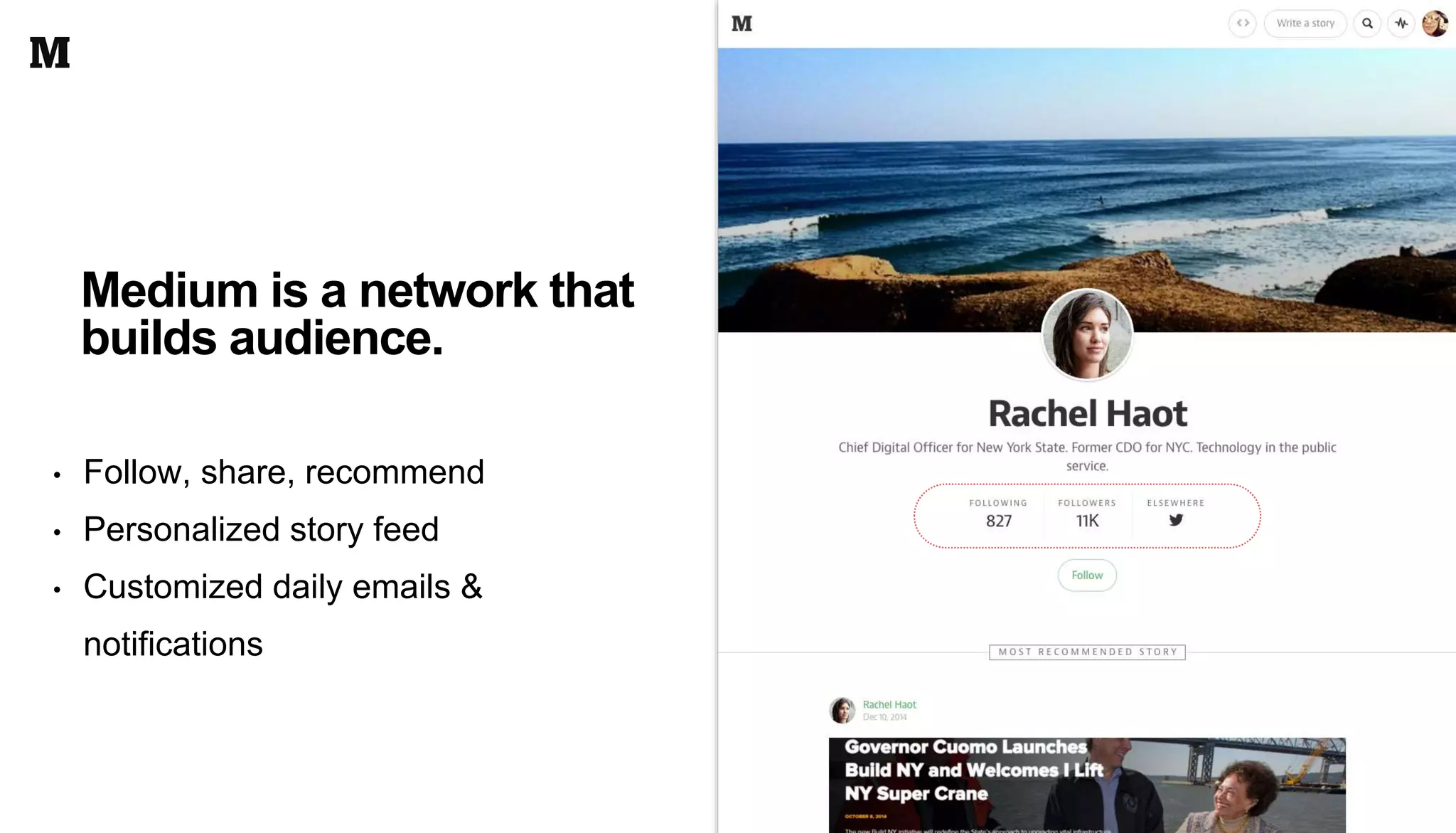 • Follow, share, recommend
• Personalized story feed
• Customized daily emails &
notifications
Medium is a network that
builds audience.
 