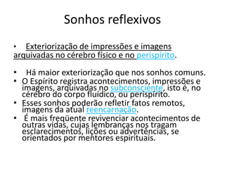 Sonhos reflexivos 
• Exteriorização de impressões e imagens 
arquivadas no cérebro físico e no perispírito. 
• Há maior exteriorização que nos sonhos comuns. 
• O Espírito registra acontecimentos, impressões e 
imagens, arquivadas no subconsciente, isto é, no 
cérebro do corpo fluídico, ou perispírito. 
• Esses sonhos poderão refletir fatos remotos, 
imagens da atual reencarnação. 
• É mais freqüente revivenciar acontecimentos de 
outras vidas, cujas lembranças nos tragam 
esclarecimentos, lições ou advertências, se 
orientados por mentores espirituais. 
 