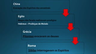 China
Evocação dos Espíritos dos ancestrais
Egito
Magos dos faraós realizavam prodígios
Hebreus – Proibiçao de Moisés
Grécia
Pitonisas evocavam os deuses
Roma
Sibilas interrogavam os Espíritos
 
