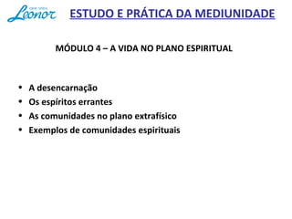 ESTUDO E PRÁTICA DA MEDIUNIDADE
MÓDULO 4 – A VIDA NO PLANO ESPIRITUAL
• A desencarnação
• Os espíritos errantes
• As comunidades no plano extrafísico
• Exemplos de comunidades espirituais
 