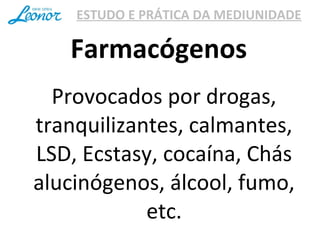 ESTUDO E PRÁTICA DA MEDIUNIDADE
Provocados por drogas,
tranquilizantes, calmantes,
LSD, Ecstasy, cocaína, Chás
alucinógenos, álcool, fumo,
etc.
Farmacógenos
 