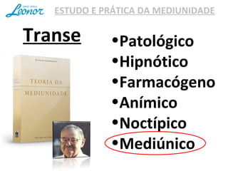 ESTUDO E PRÁTICA DA MEDIUNIDADE
•Patológico
•Hipnótico
•Farmacógeno
•Anímico
•Noctípico
•Mediúnico
Transe
 