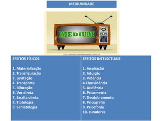 MEDIUNIDADE
EFEITOS FÍSICOS
1. Materialização
2. Transfiguração
3. Levitação
4. Transporte
5. Bilocação
6. Voz direta
7. Escrita direta
8. Tiptologia
9. Sematologia
EFEITOS INTELECTUAIS
1. Inspiração
2. Intuição
3. Vidência
4.Clarividência
5. Audiência
6. Psicometria
7. Desdobramento
8. Psicografia
9. Psicofonia
10. curadores
 