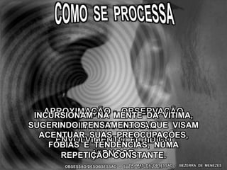 OBSESSÃO/DESOBSESSÃO – SUELY C. SCHUBER
INCURSIONAM NA MENTE DA VÍTIMA,
SUGERINDO PENSAMENTOS QUE VISAM
ACENTUAR SUAS PREOCUPAÇÕES,
FOBIAS E TENDÊNCIAS, NUMA
REPETIÇÃO CONSTANTE.
DRAMAS DA OBSESSÃO – BEZERRA DE MENEZES
 