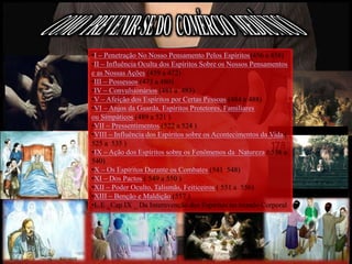 •I – Penetração No Nosso Pensamento Pelos Espíritos(456 a 458)
•II – Influência Oculta dos Espíritos Sobre os Nossos Pensamentos
e as Nossas Ações (459 a 472)
•III – Possessos (473 a 480)
•IV – Convulsionários (481 a 483)
•V – Afeição dos Espíritos por Certas Pessoas (484 a 488)
•VI – Anjos da Guarda, Espíritos Protetores, Familiares
ou Simpáticos (489 a 521 )
•VII – Pressentimentos (522 a 524 )
•VIII – Influência dos Espíritos sobre os Acontecimentos da Vida (
525 a 535 )
•IX – Ação dos Espíritos sobre os Fenômenos da Natureza ( 536 a
540)
•X – Os Espíritos Durante os Combates (541 548)
•XI – Dos Pactos ( 549 a 550 )
•XII – Poder Oculto, Talismãs, Feiticeiros ( 551 a 556)
•XIII – Benção e Maldição (557 )
•L.E _Cap IX _ Da Internvenção dos Espiritos no mundo Corporal
 