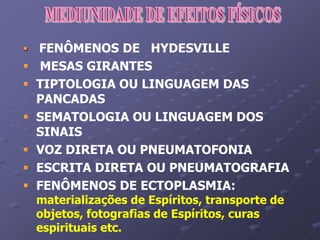  FENÔMENOS DE HYDESVILLE
 MESAS GIRANTES
 TIPTOLOGIA OU LINGUAGEM DAS
PANCADAS
 SEMATOLOGIA OU LINGUAGEM DOS
SINAIS
 VOZ DIRETA OU PNEUMATOFONIA
 ESCRITA DIRETA OU PNEUMATOGRAFIA
 FENÔMENOS DE ECTOPLASMIA:
materializações de Espíritos, transporte de
objetos, fotografias de Espíritos, curas
espirituais etc.
 