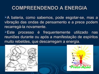 COMPREENDENDO A ENERGIACOMPREENDENDO A ENERGIA
A bateria, como sabemos, pode esgotar-se, mas aA bateria, como sabemos, pode esgotar-se, mas a
vibração das ondas de pensamento e a prece podemvibração das ondas de pensamento e a prece podem
recarregá-la novamente.recarregá-la novamente.
Este processo é frequentemente utilizado nasEste processo é frequentemente utilizado nas
reuniões durante ou após a manifestação de espíritosreuniões durante ou após a manifestação de espíritos
muito rebeldes, que descarregam a energia.muito rebeldes, que descarregam a energia.
 