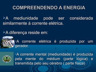 COMPREENDENDO A ENERGIACOMPREENDENDO A ENERGIA
A mediunidade pode ser consideradaA mediunidade pode ser considerada
similarmente à corrente elétrica.similarmente à corrente elétrica.
A diferença reside em:A diferença reside em:

A corrente elétrica é produzida por umA corrente elétrica é produzida por um
gerador.gerador.

A corrente mental (mediunidade) é produzidaA corrente mental (mediunidade) é produzida
pela mente do médium (parte lógica) epela mente do médium (parte lógica) e
transmitida pelo seu cérebro ( parte física)transmitida pelo seu cérebro ( parte física)
1 3
2
3
 