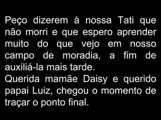 Peço dizerem à nossa Tati que não morri e que espero aprender muito do que vejo em nosso campo de moradia, a fim de auxiliá-la mais tarde.  Querida mamãe Daisy e querido papai Luiz, chegou o momento de traçar o ponto final. 